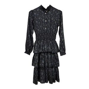Christina Rohde Midnight Floral Smocked Waist Tiered Dress Girls 14 Black Ruffle
